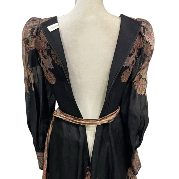 ZIMMERMANN Illustration Belted Printed Linen Silk Blend Organza Midi Dress Black - Picture 9 of 16